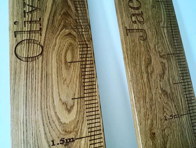 Pair of personalised solid oak height charts by Fuscina