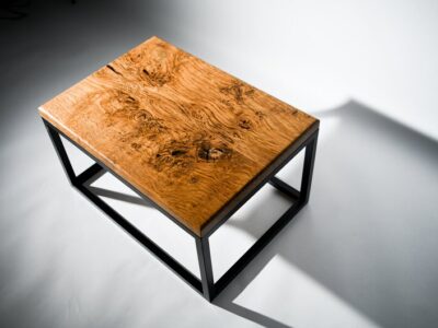 Top view Brown oak and steel coffee table