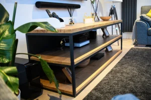 Side view of industrial style steel and oak tv stand