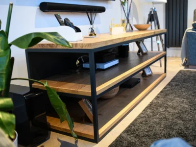 Side view of industrial style steel and oak tv stand