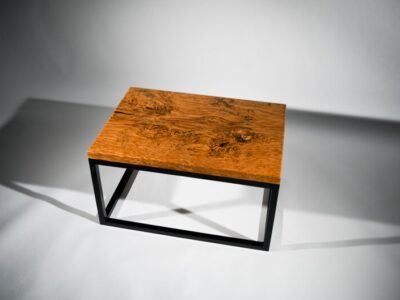 Top view Brown oak and steel coffee table