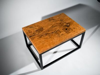 Top view Brown oak and steel coffee table
