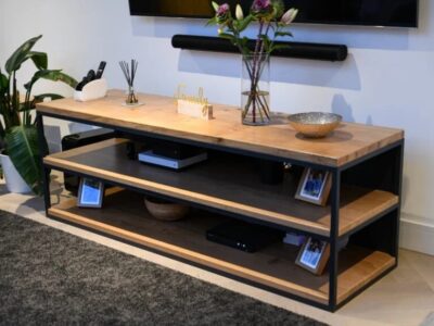 oak and steel tv stand side