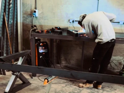 Fuscina team welding bespoke steel table legs in their workshop