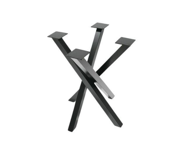 Technical drawing of a crossed-style steel dining table frame