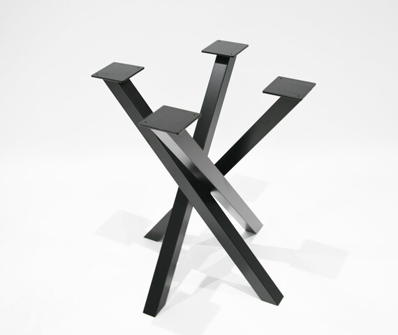Bespoke crossed-style steel dining table frame, angle view, by Fuscina