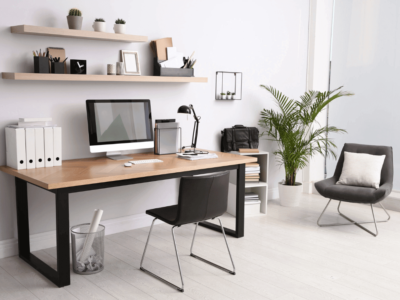 computer on table in office interior