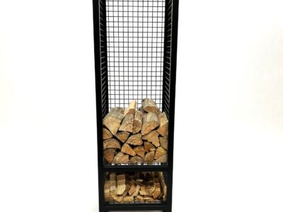 Front view of a bespoke steel log store cage by Fuscina