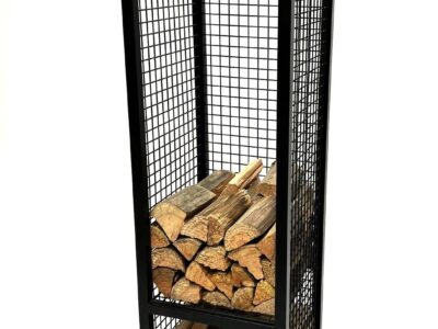 Side view of a bespoke steel log store cage by Fuscina