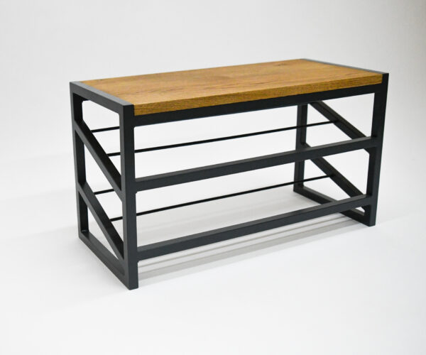 Bespoke oak and steel shoe rack by Fuscina, side view