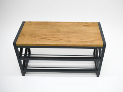 Bespoke oak and steel shoe rack by Fuscina, angled view