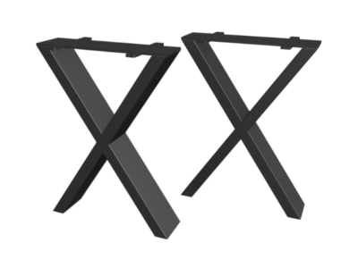 Technical side-view drawing of the Starcross bespoke steel X-frame table base by Fuscina