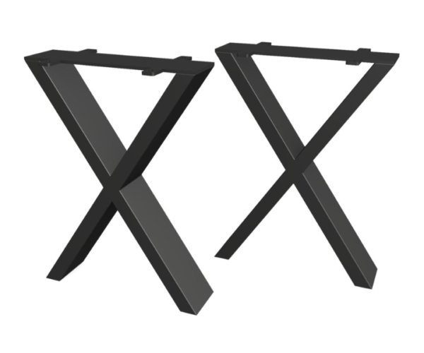 Technical side-view drawing of the Starcross bespoke steel X-frame table base by Fuscina