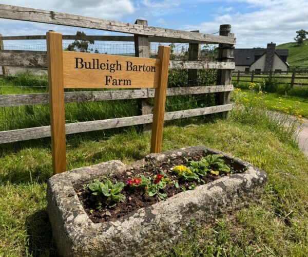Custom oak sign for Bulleigh Barton Farm made by Fuscina