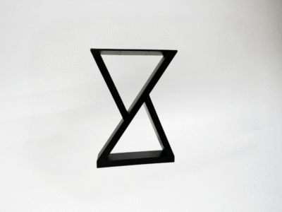 Technical front-view drawing of bespoke steel triangular bench legs by Fuscina